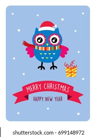 cute owl merry christmas and happy new year greeting card vector