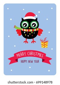cute owl merry christmas and happy new year greeting card vector