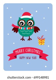 cute owl merry christmas and happy new year greeting card vector