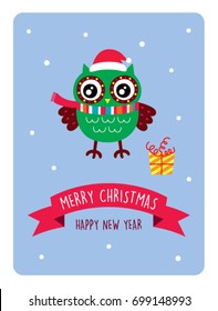 cute owl merry christmas and happy new year greeting card vector