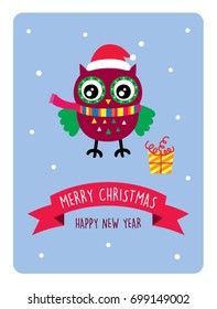 cute owl merry christmas and happy new year greeting card vector