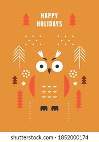 Cute owl in minimalist style . Christmas card, poster, flyer. Printable card	