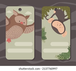 cute owl and monkey in labels