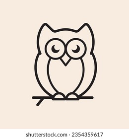 Cute owl with moon eyes on a tree branch outline iconic vector line art