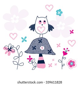 cute owl with mushroom and flowers on white background vector illustration