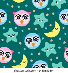 Cute Owl in night sky background with moon and stars seamless pattern. Baby clothing water color 