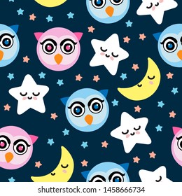 Cute Owl in night sky background with moon and stars seamless pattern. Baby clothing water color 