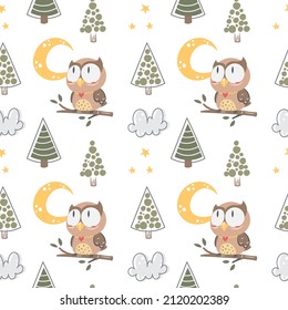 Cute Owl Nursery seamless pattern 