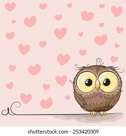Cute Owl on a background of hearts 