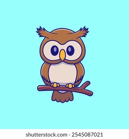  Cute Owl On Branch Cartoon Vector Illustration. Animal Nature Concept. Flat Cartoon Outline Style.