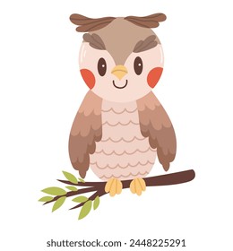 Búho lindo en una ilustración plana de la rama. Vector