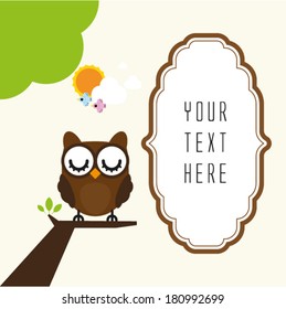 Cute owl on branch with frame for text