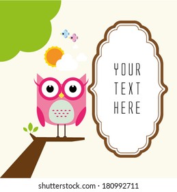Cute owl on branch with frame for text