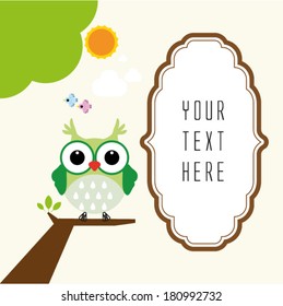 Cute owl on branch with frame for text