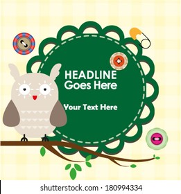 Cute owl on branch with frame for text