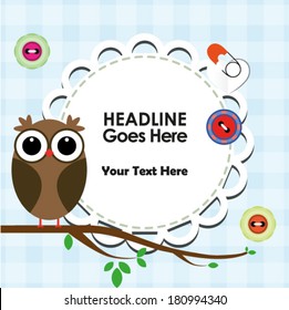 Cute owl on branch with frame for text