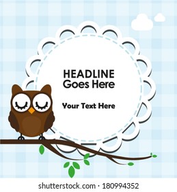Cute owl on branch with frame for text
