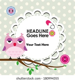 Cute owl on branch with frame for text