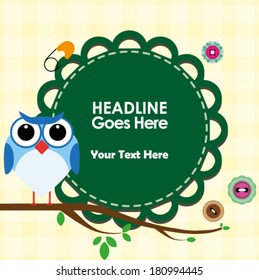 Cute owl on branch with frame for text