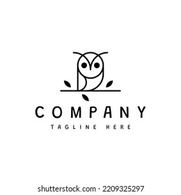 cute owl on branch line art vector logo design