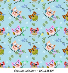 Cute Owl On Branch Seamless Pattern.