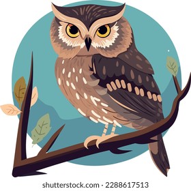 Cute owl on a branch. Vector illustration on a white background. In a hand-drawn style