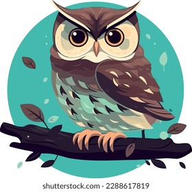 Cute owl on a branch. Vector illustration on a white background. In a hand-drawn style