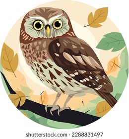 Cute owl on a branch. Vector illustration on a white background. In a hand-drawn style. Day circle with leafs