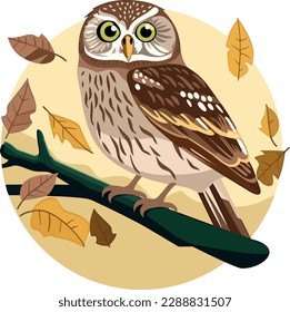 Cute owl on a branch. Vector illustration on a white background. In a hand-drawn style. Yellow circle