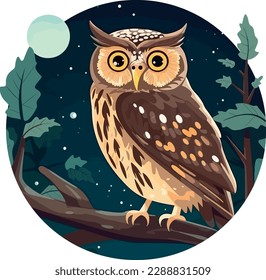 Cute owl on a branch. Vector illustration on a white background. In a hand-drawn style. Night circle with leafs