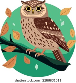 Cute owl on a branch. Vector illustration on a white background. In a hand-drawn style. Green circle