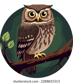 Cute owl on a branch. Vector illustration on a white background. In a hand-drawn style. Dark green circle