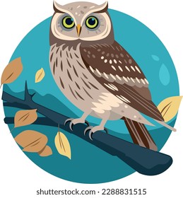 Cute owl on a branch. Vector illustration on a white background. In a hand-drawn style. Blue circle