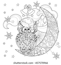 Cute owl on christmas half moon with stars and flowers. Hand drawn doodle zen art.Adult anti stress coloring book or tattoo boho style.