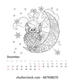 Cute owl on christmas half moon with stars and flowers. Hand drawn doodle zen art.Adult anti stress coloring book or tattoo boho style.December calendar page 2017.