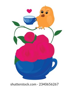 Cute owl on a coffee mug. Good morning. Peonies, flowers. Vector stock illustration. Isolated on a white background.