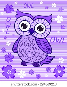 Cute owl on the colorfull background.  Vector print for children wear. 