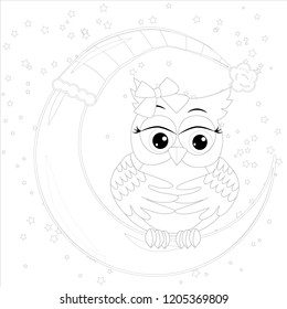 Cute owl on half moon with stars. Adult anti stress coloring book or tattoo boho style.