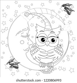Cute owl on half moon with stars. Adult anti stress coloring book or tattoo boho style.