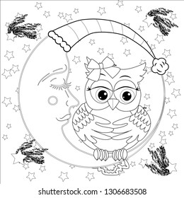 Cute owl on half moon with stars. Adult anti stress coloring book