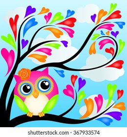 Cute owl on heart tree

