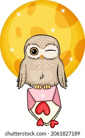 Cute owl on moon holding an envelope with hearts
