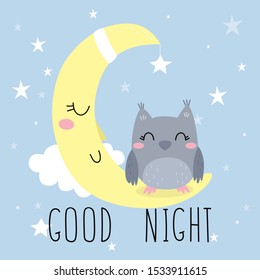 cute owl on the moon vector illustration