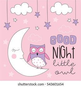 cute owl on the moon vector illustration