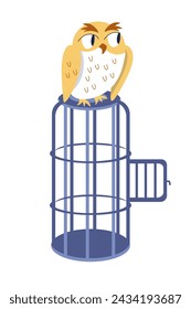 Cute owl on open cage on white background. Halloween and wizard school. Cartoon objects for design. Vector illustration.