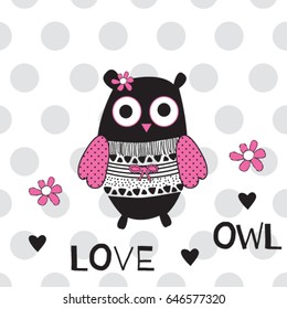 cute owl on polka dots background, Happy Birthday, greeting, invitation, love card, T-shirt design for kids vector illustration