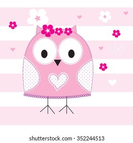 cute owl on striped background, T-shirt design for girls vector illustration