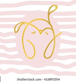 cute owl on striped background, T-shirt design for girls vector illustration. Sketch of gold paint on a pink background