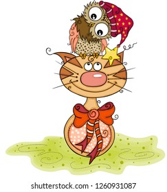 Cute owl on top head of cat
