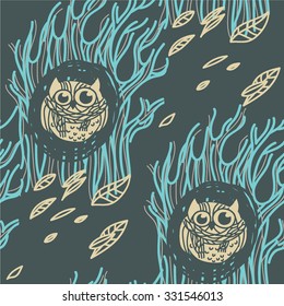 cute owl on a tree blue dark illustration leaf wood night